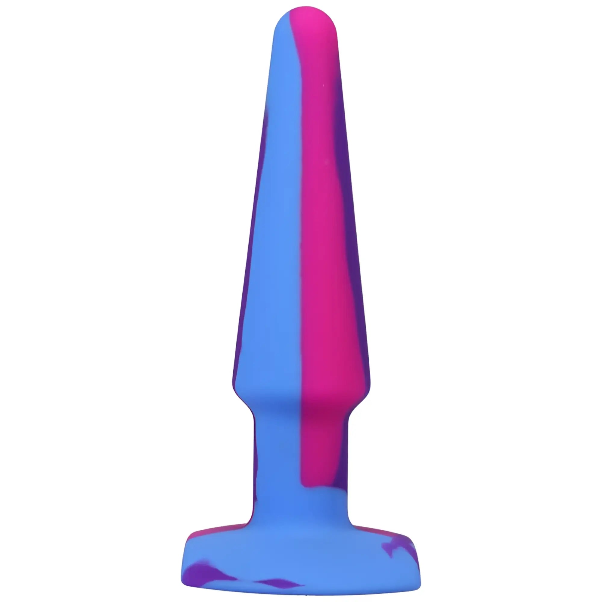A vibrant two-toned blue and pink a-play groovy silicone anal plug with a sleek tapered design 5in berry