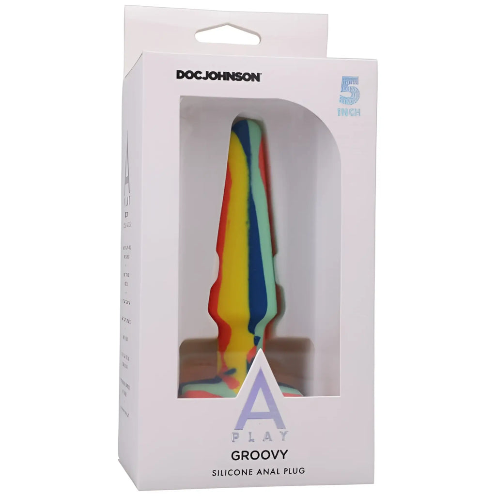 A colorful 5-inch rainbow silicone anal plug with doc johnson logo from a-play groovy sunrise collection