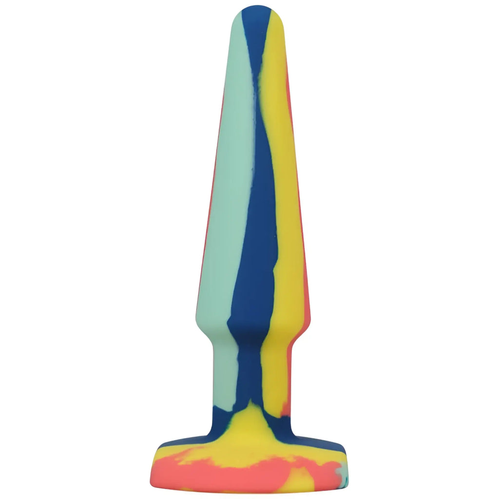 A colorful tapered silicone butt plug with a wide base featuring blue yellow pink and mint green stripes from a play groovy anal plug 5in sunrise