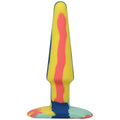 A vibrant multicolored silicone anal plug with a tapered design and wide base in sunrise colors from a-play groovy