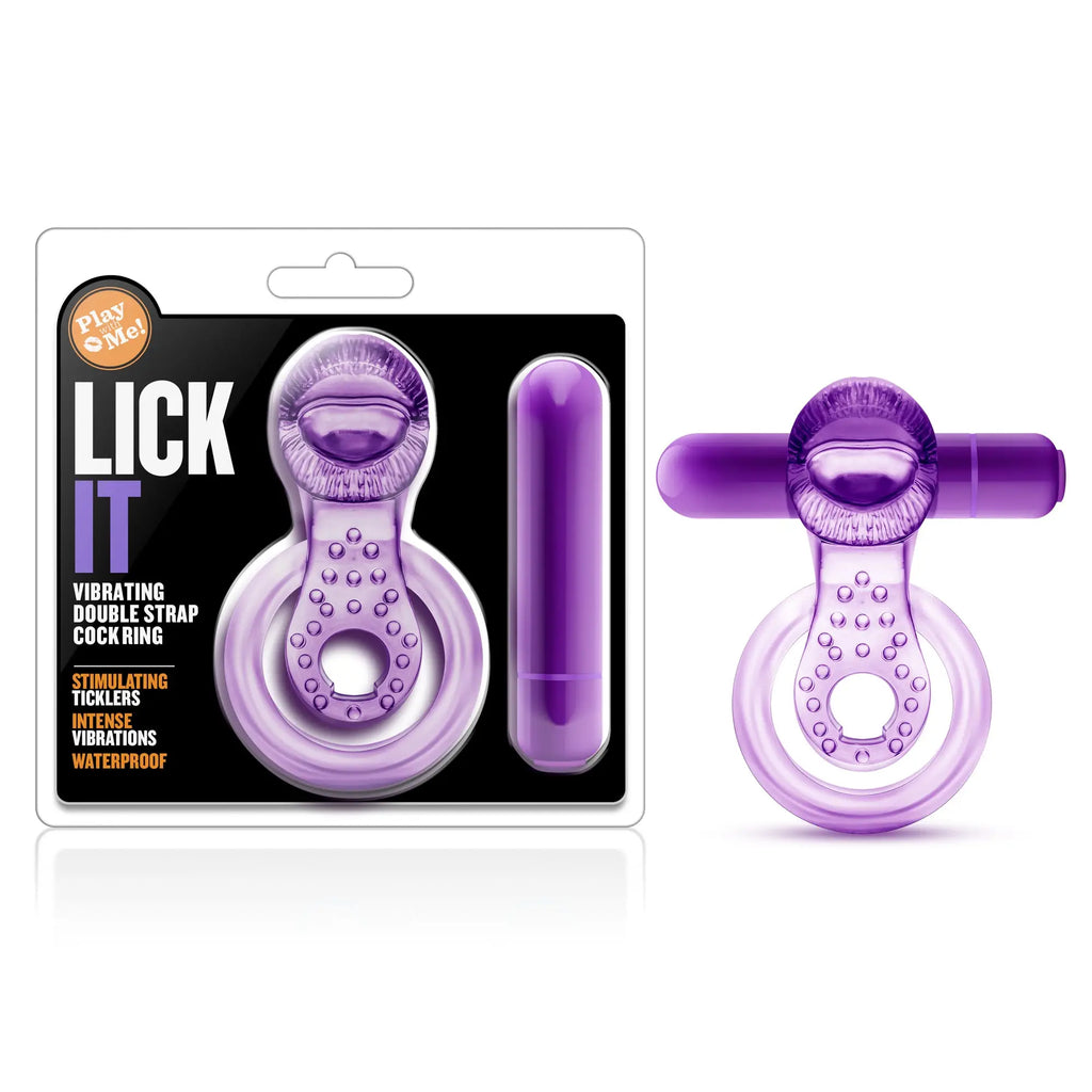 Purple vibrating double strap cock ring with textured surface and cylindrical attachment for enhanced stimulation