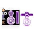 Purple vibrating double strap cock ring with textured surface and cylindrical attachment for enhanced stimulation