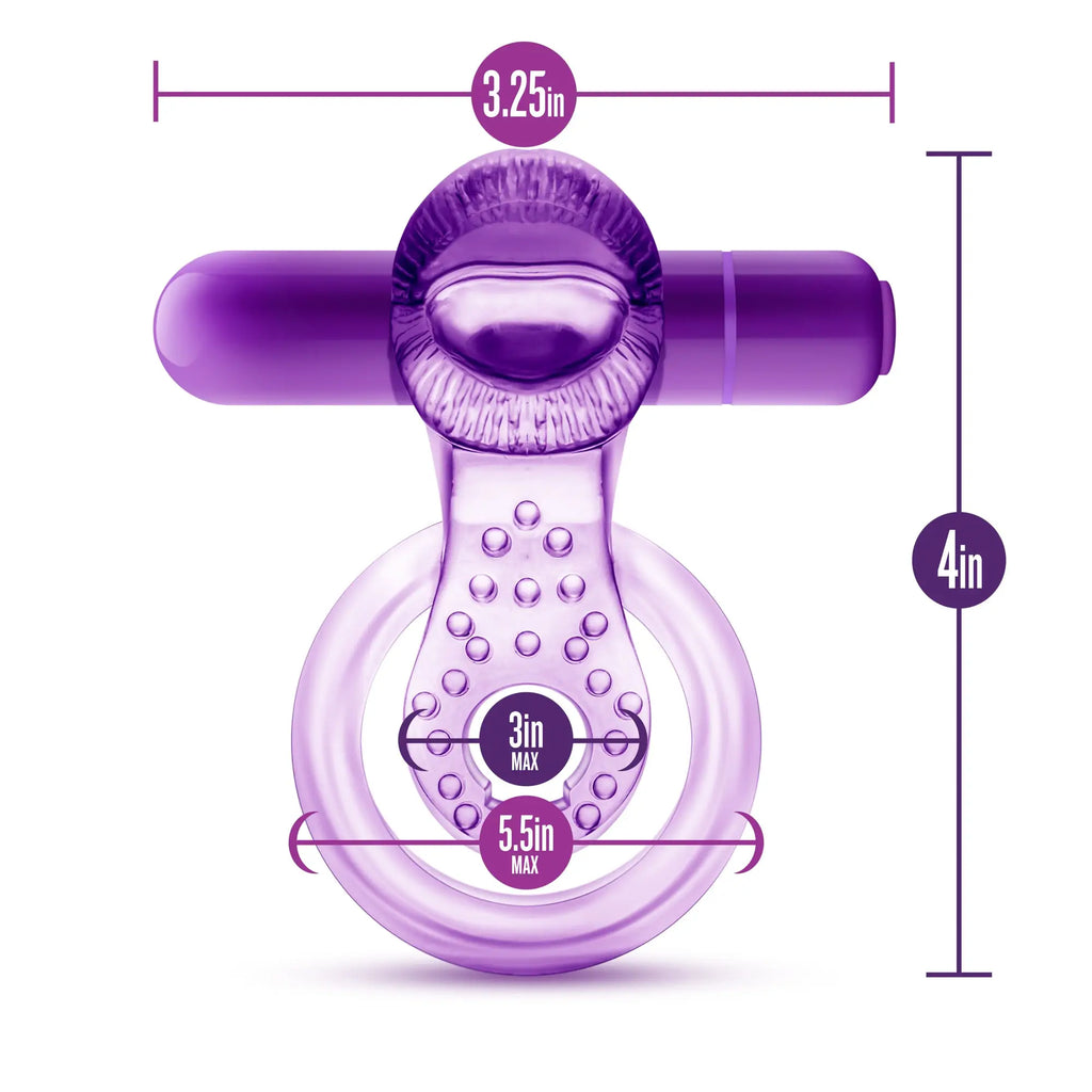 Purple silicone vibrating double strap cock ring with textured bulbous head and raised dot circular base from play with me