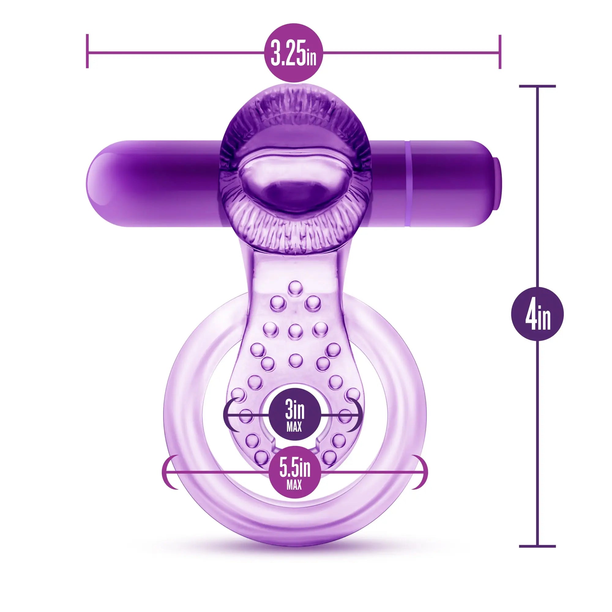 Purple silicone vibrating double strap cock ring with textured bulbous head and raised dot circular base from play with me