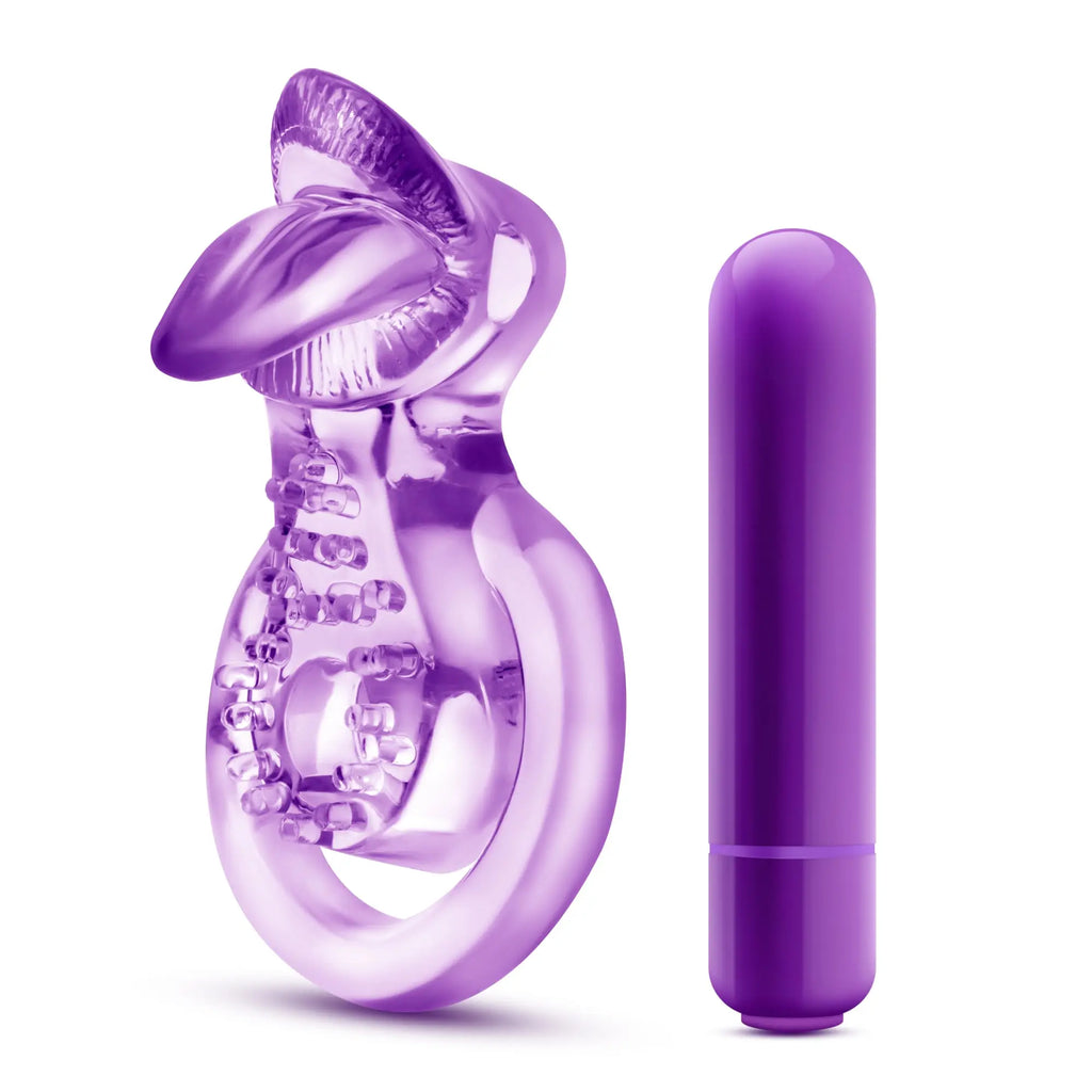 Purple silicone cat-shaped vibrating double strap cock ring with textured surface and matching cylindrical wand