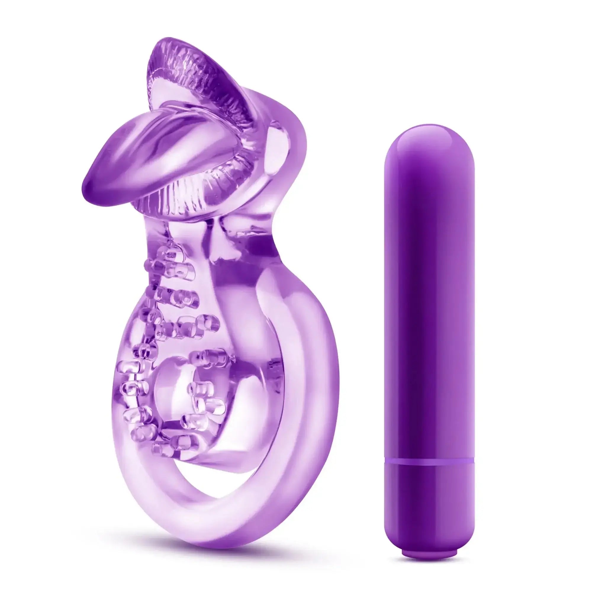 Purple silicone cat-shaped vibrating double strap cock ring with textured surface and matching cylindrical wand
