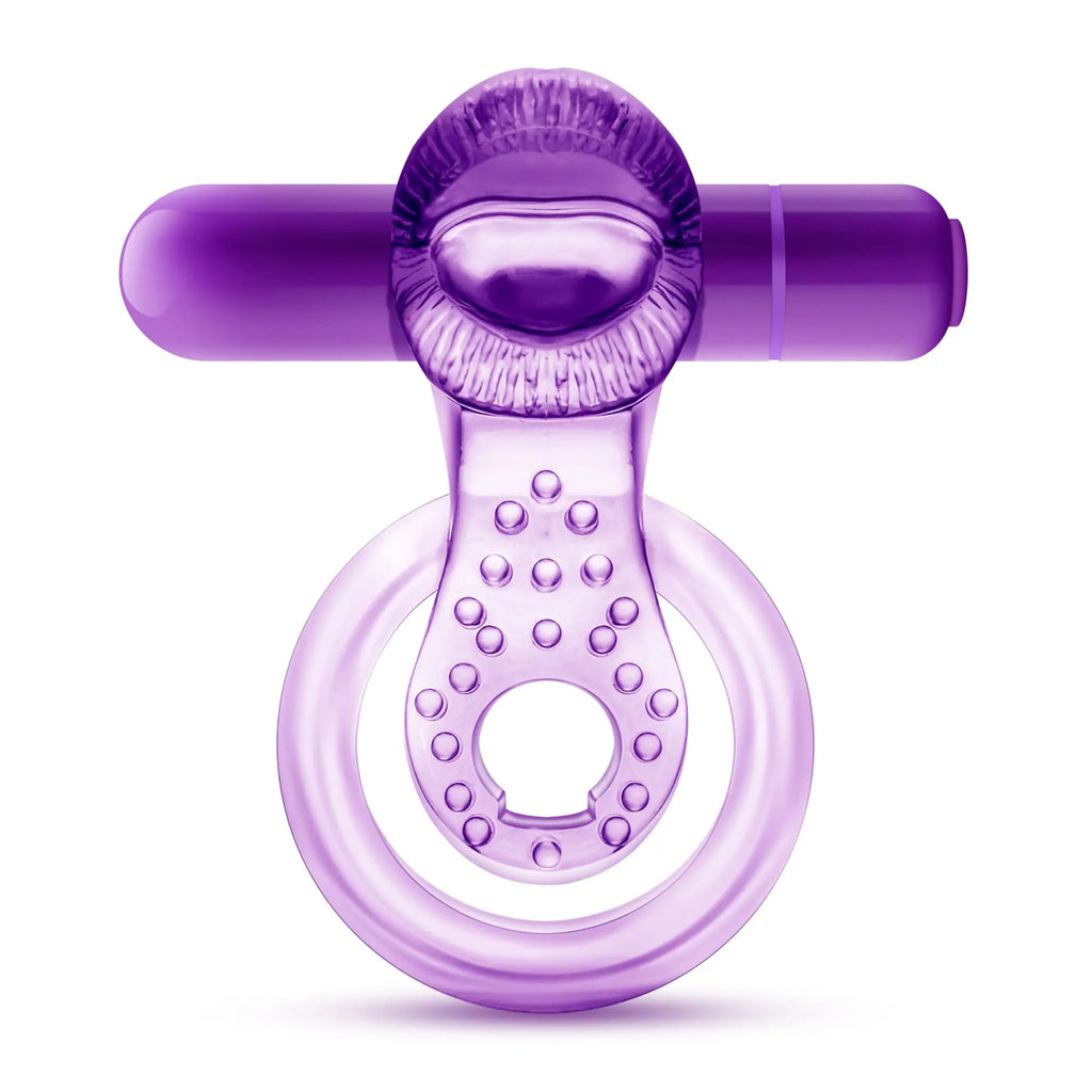 Purple silicone vibrating double strap cock ring with textured grip dotted surface and central cylindrical handle