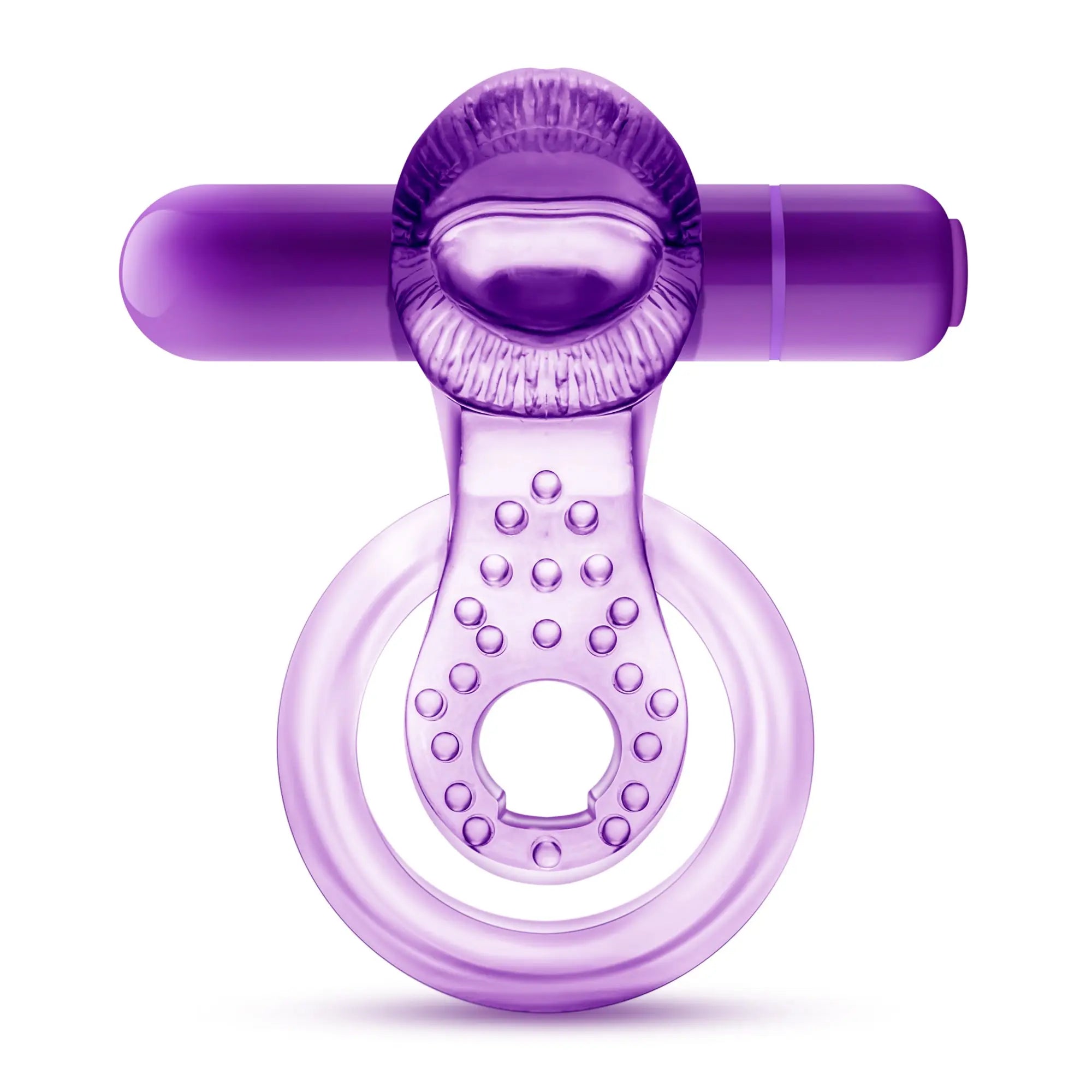 Purple silicone vibrating double strap cock ring with textured grip dotted surface and central cylindrical handle