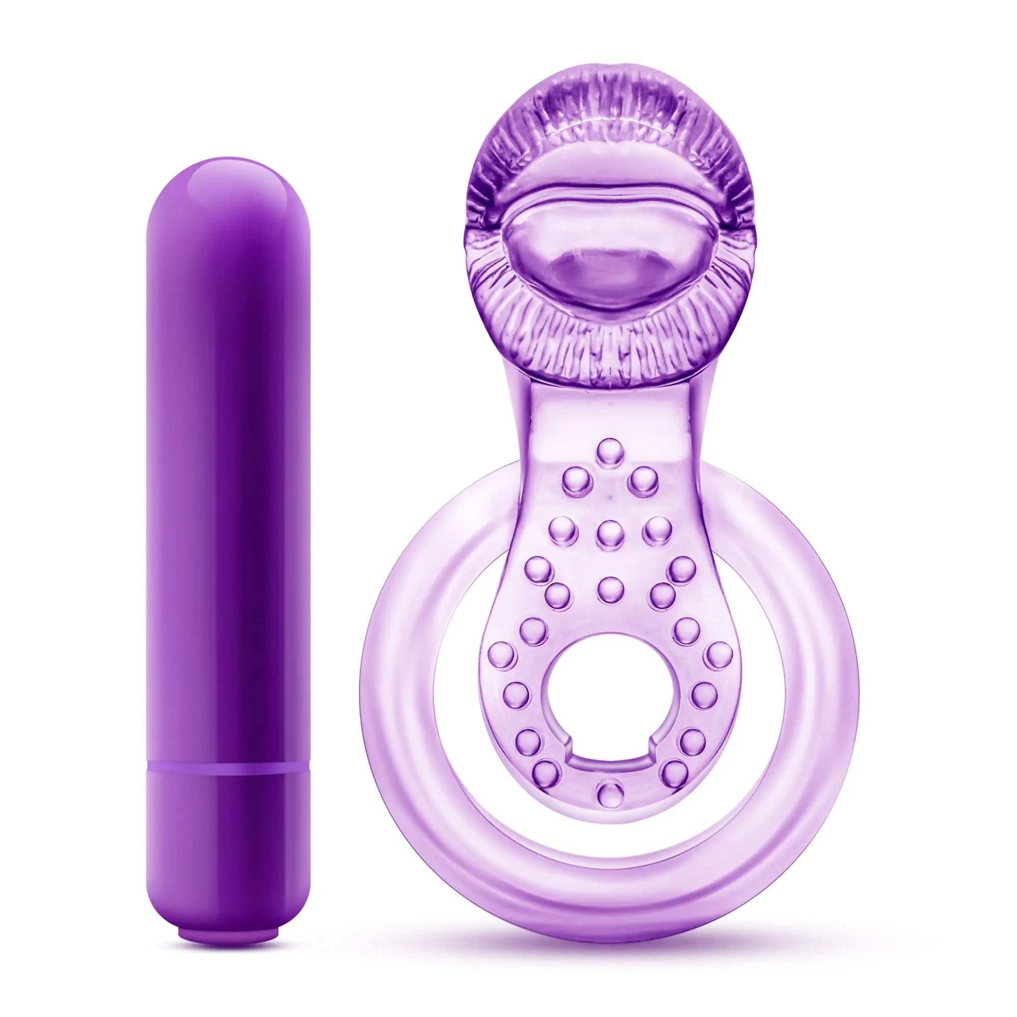 Purple silicone vibrating double strap cock ring with textured ridged top and dotted base for enhanced pleasure