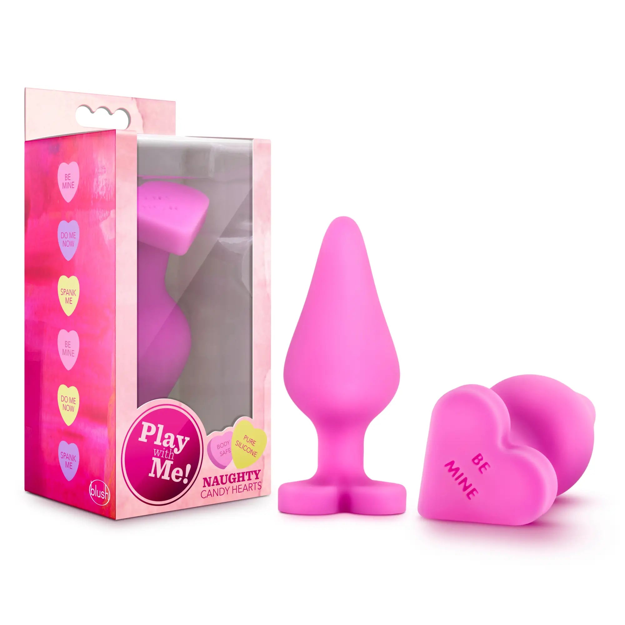 Pink silicone anal plug with heart-shaped base and be mine inscription from play with me naughty candy heart collection