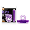 Purple play with me the player vibrating double strap cock ring with textured bumpy surface and cylindrical attachment