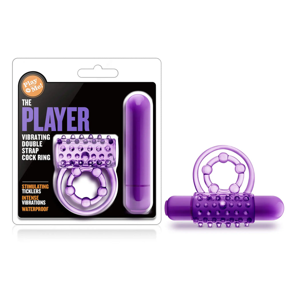 Purple play with me the player vibrating double strap cock ring with textured bumpy surface and cylindrical attachment