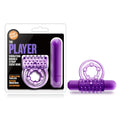 Purple play with me the player vibrating double strap cock ring with textured bumpy surface and cylindrical attachment
