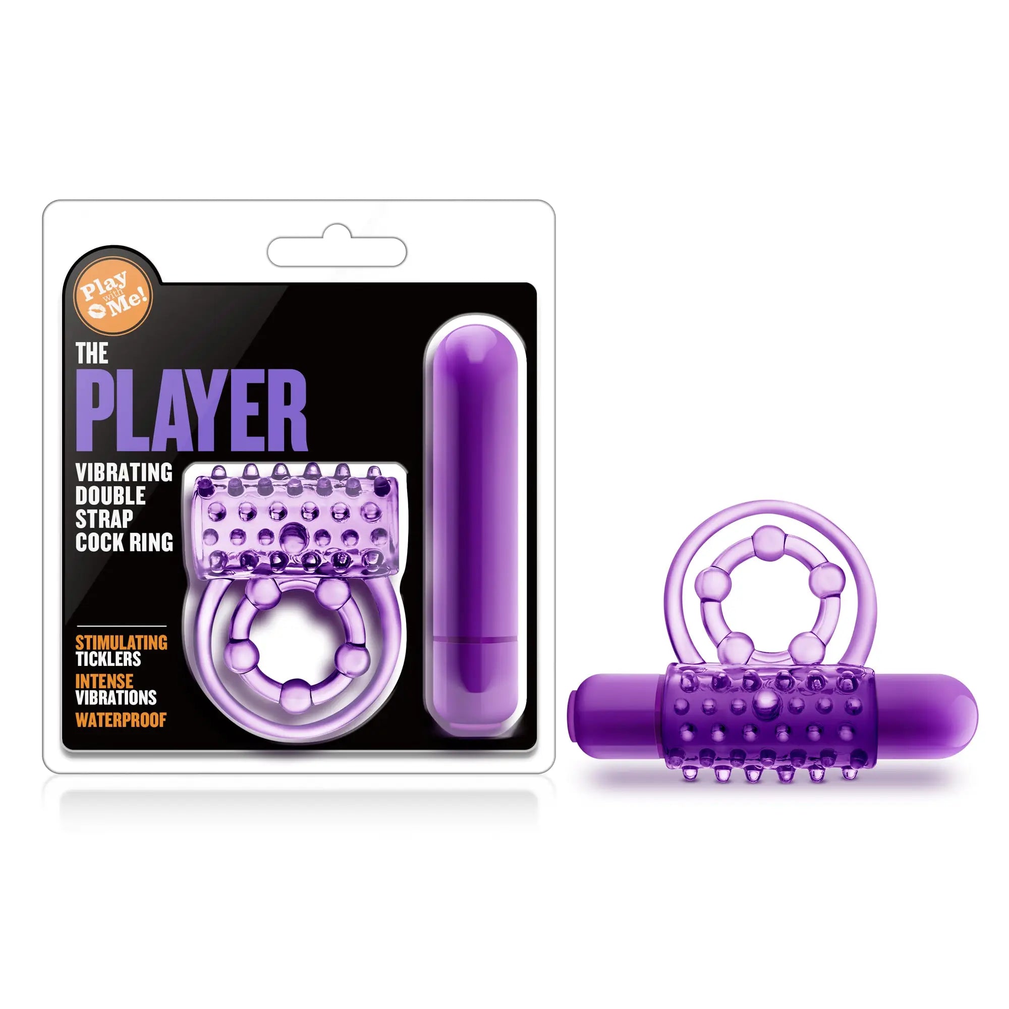 Purple play with me the player vibrating double strap cock ring with textured bumpy surface and cylindrical attachment