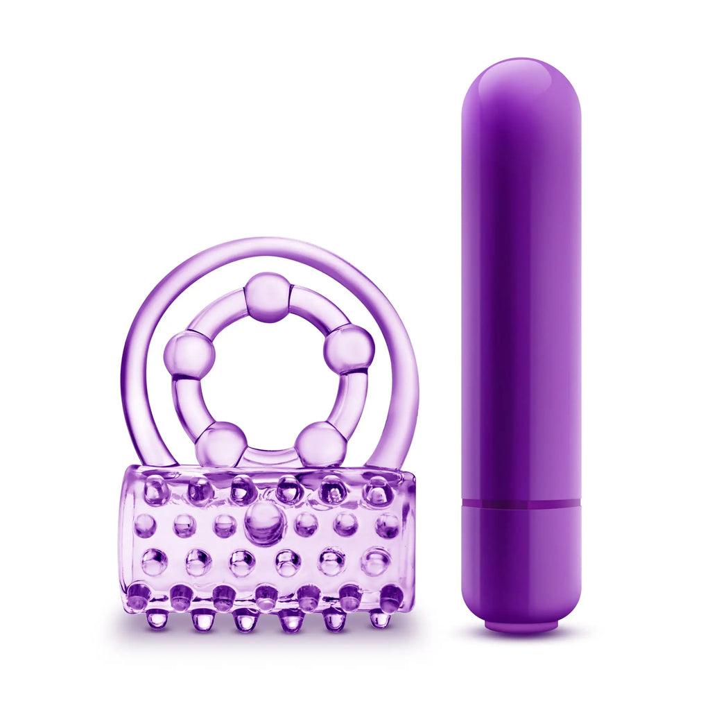 Purple silicone vibrating double strap cock ring set featuring a textured ring and ball and a sleek cylindrical design
