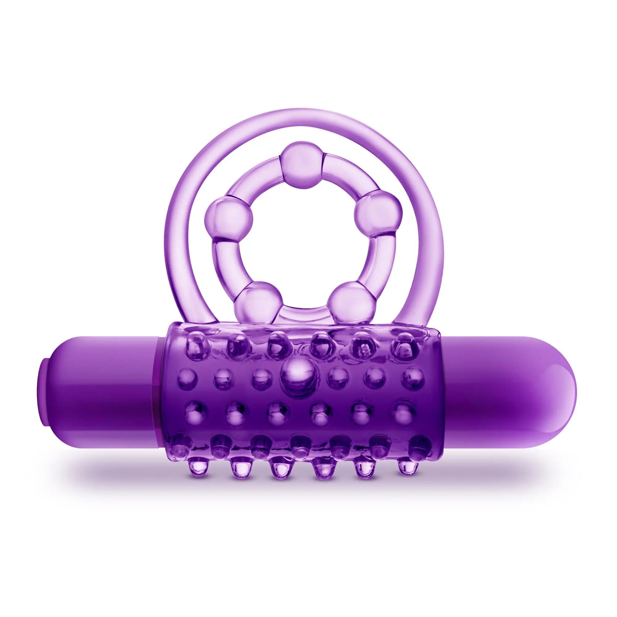 Purple silicone vibrating double strap cock ring with textured bumpy surface and circular loop on top, play with me The Player
