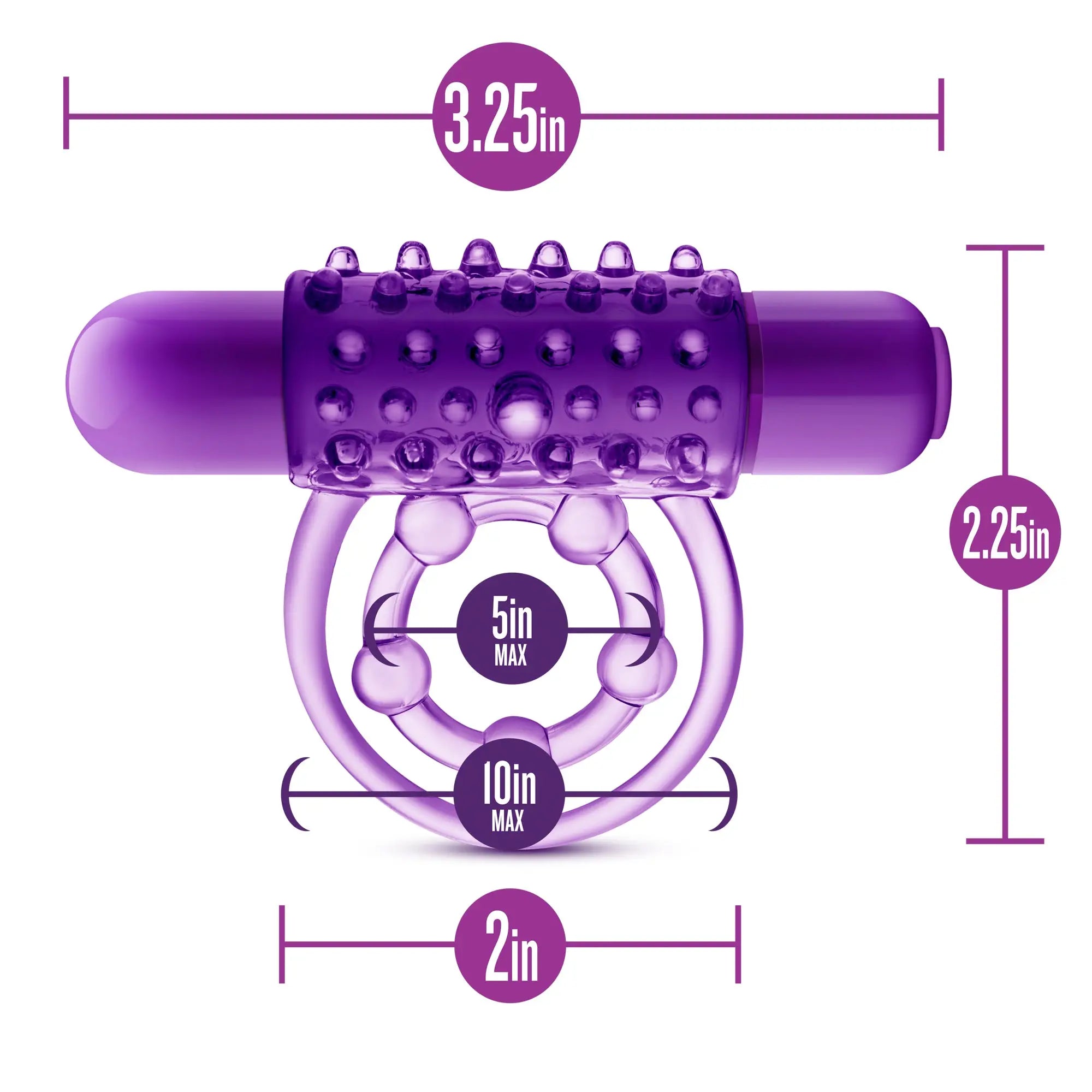Purple silicone vibrating double strap cock ring with textured bumpy surface and clear translucent material