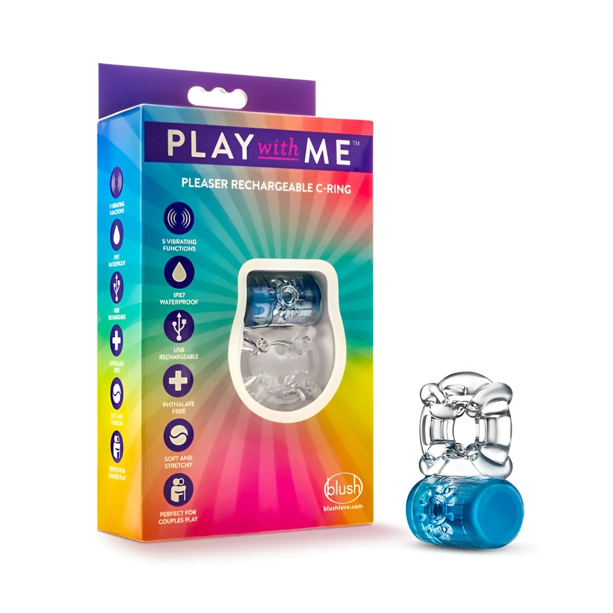 Clear translucent silicone c-ring with blue base and silver metallic accents for play with me pleaser rechargeable use
