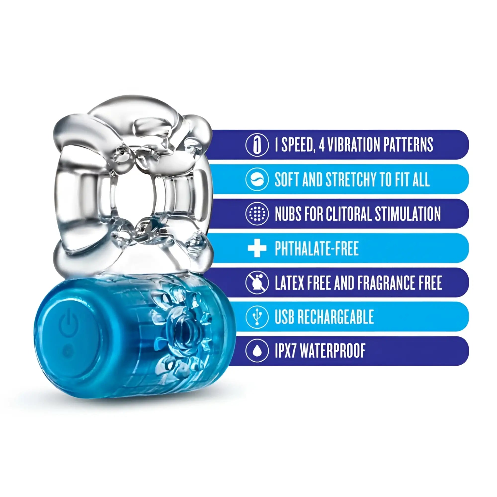 Transparent silicone play with me pleaser rechargeable c ring with blue base and nubs for clitoral stimulation ipx7 waterproof