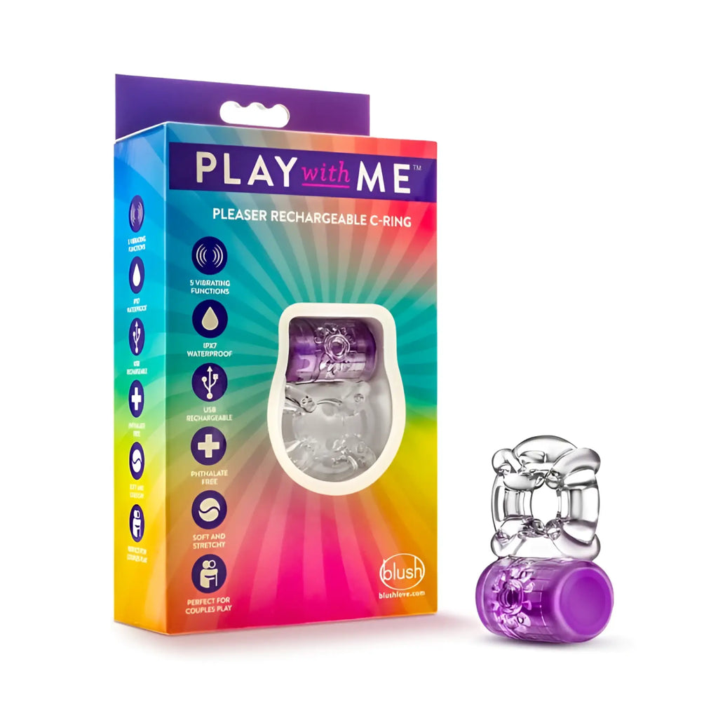 Play with me pleaser rechargeable c ring in purple with clear plastic flexible band and textured base for intimate use