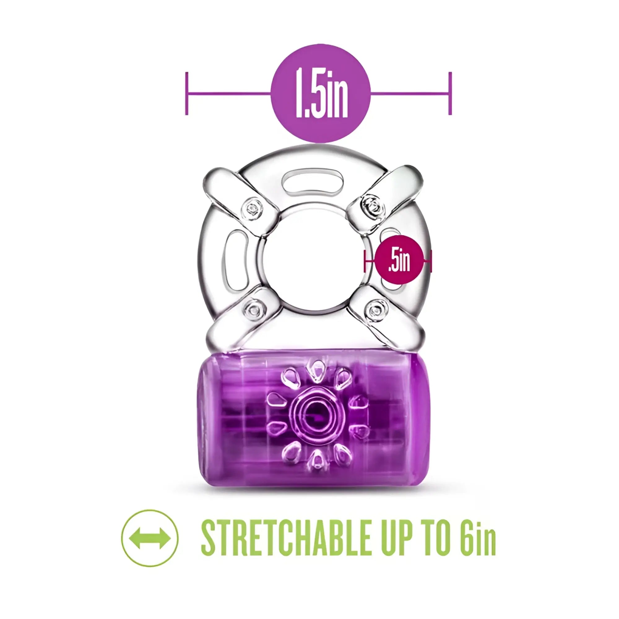 Purple translucent silicone rechargeable c ring with clear plastic wings and textured adjustable stretch base