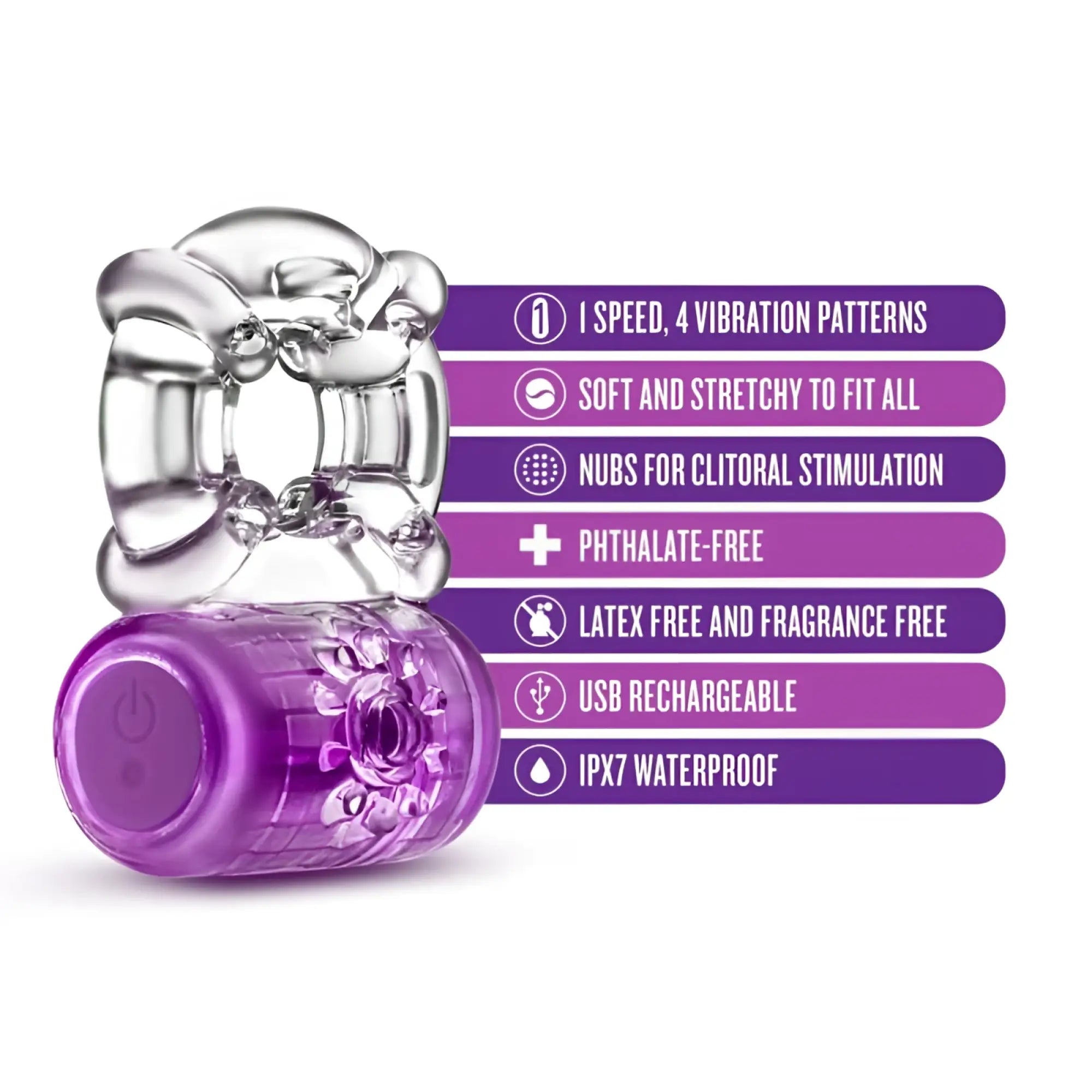 Transparent silicone rechargeable c ring with purple base and clitoral stimulation nubs ipx7 waterproof design