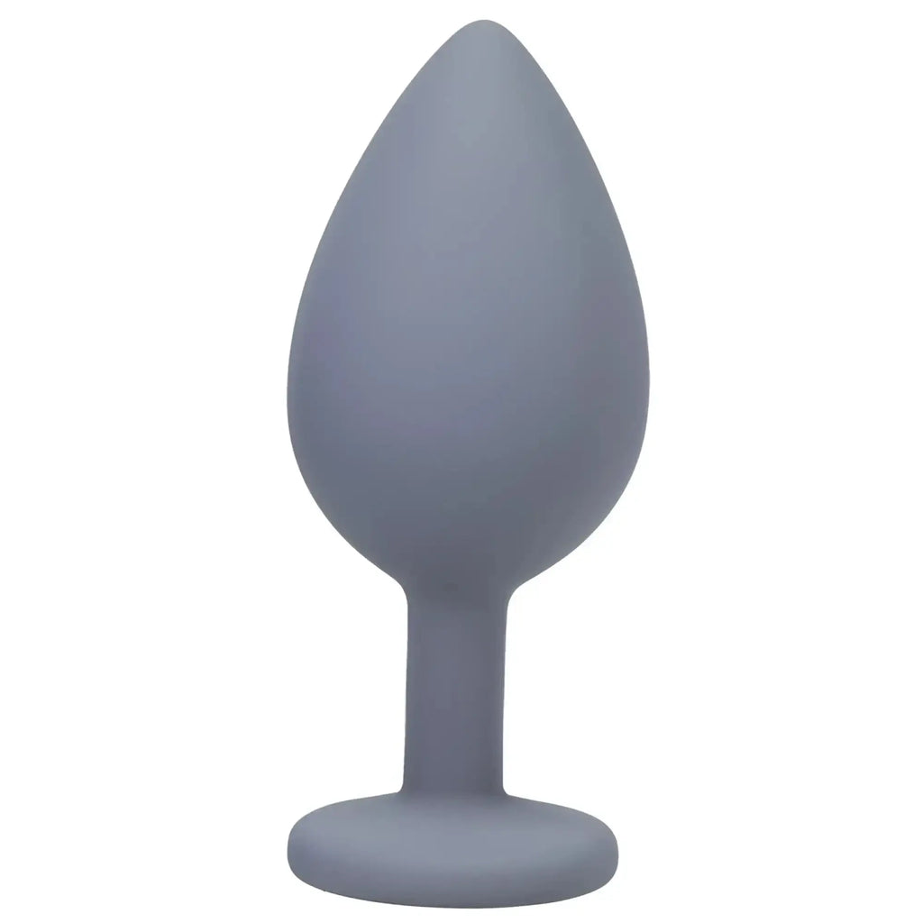Gray silicone butt plug with smooth teardrop head and rounded base from a-play silicone anal trainer set 3 pc gray