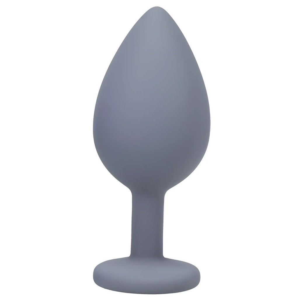 Gray silicone butt plug with smooth teardrop head and rounded base from a-play silicone anal trainer set 3 pc gray