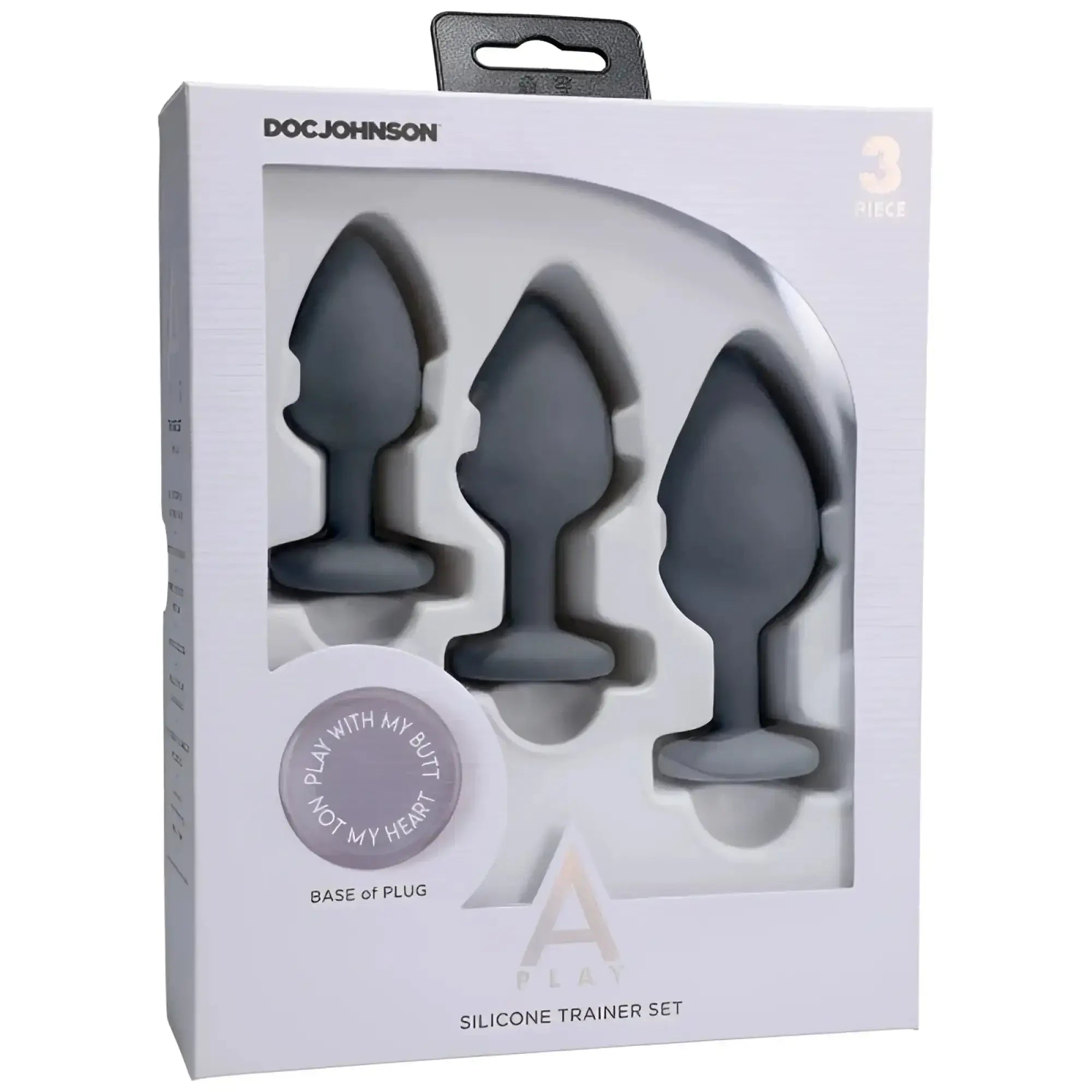 Gray silicone anal trainer set 3 pc in white doc johnson packaging for gradual anal play and training