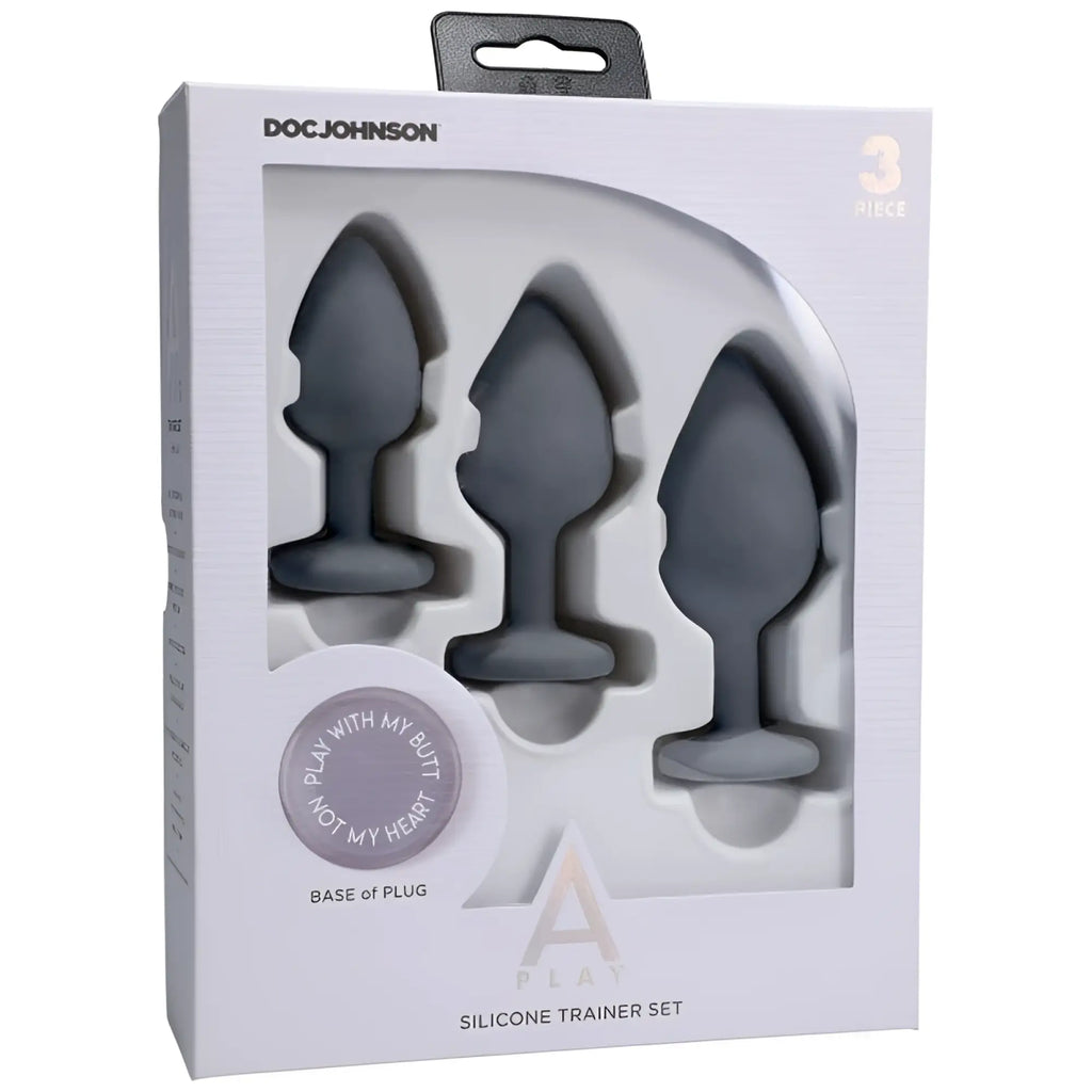 Gray silicone anal trainer set 3 pc in white doc johnson packaging for gradual anal play and training