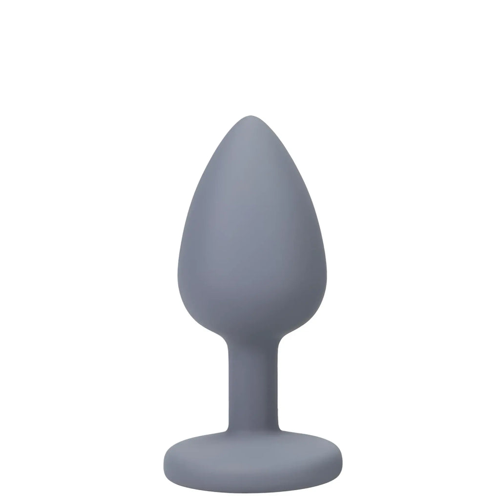 A sleek matte gray silicone butt plug with smooth teardrop head and rounded base from a-play silicone anal trainer set