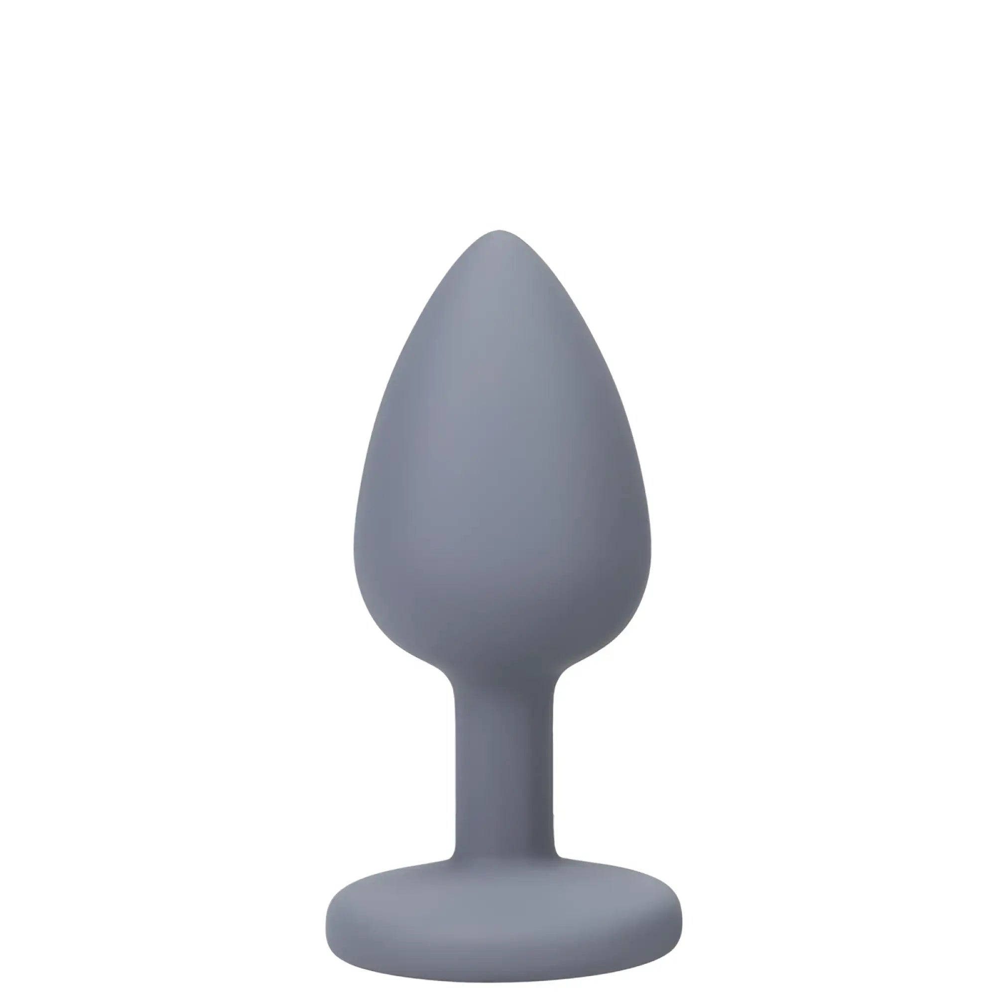 A sleek matte gray silicone butt plug with smooth teardrop head and rounded base from a-play silicone anal trainer set