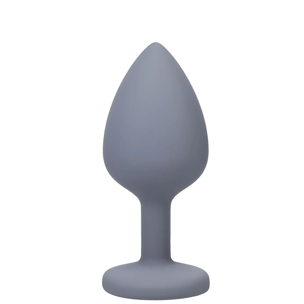 A sleek matte gray silicone butt plug from a-play silicone anal trainer set with a smooth teardrop head and rounded base