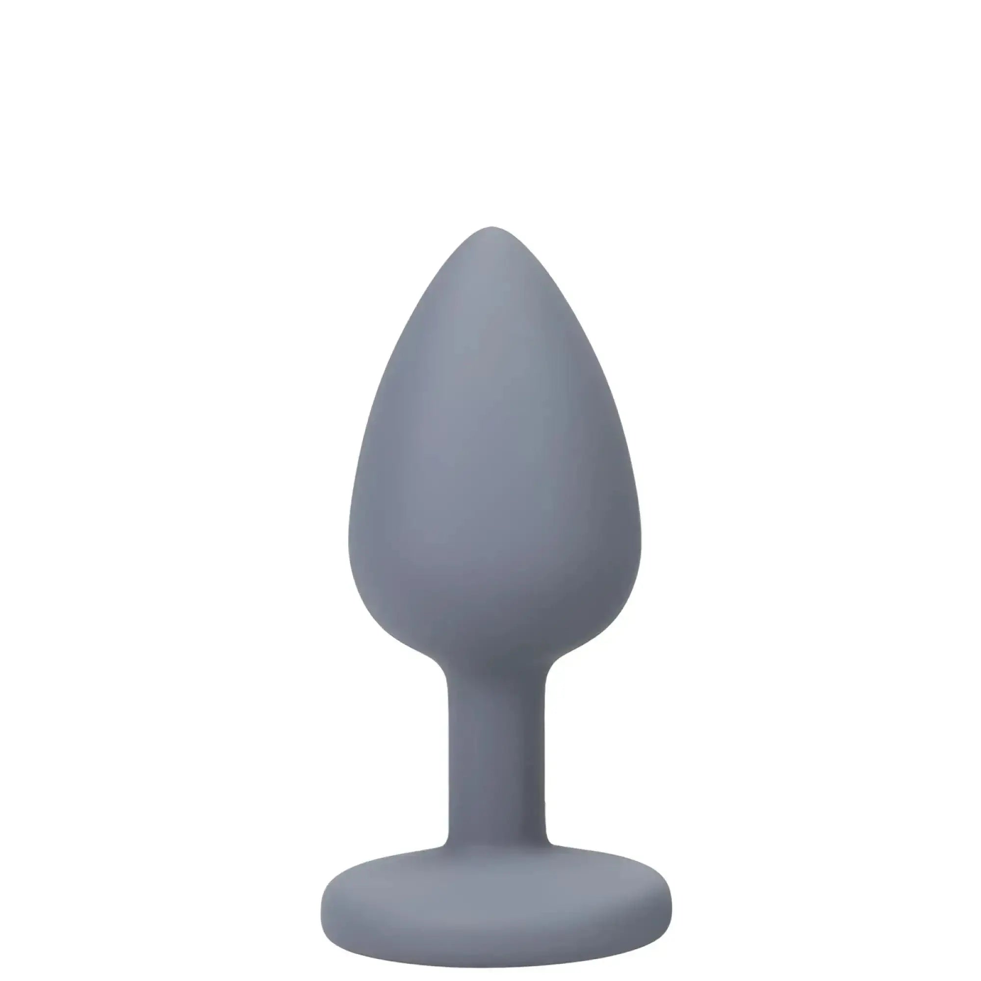 A sleek matte gray silicone butt plug with smooth teardrop head and rounded base from a-play silicone anal trainer set