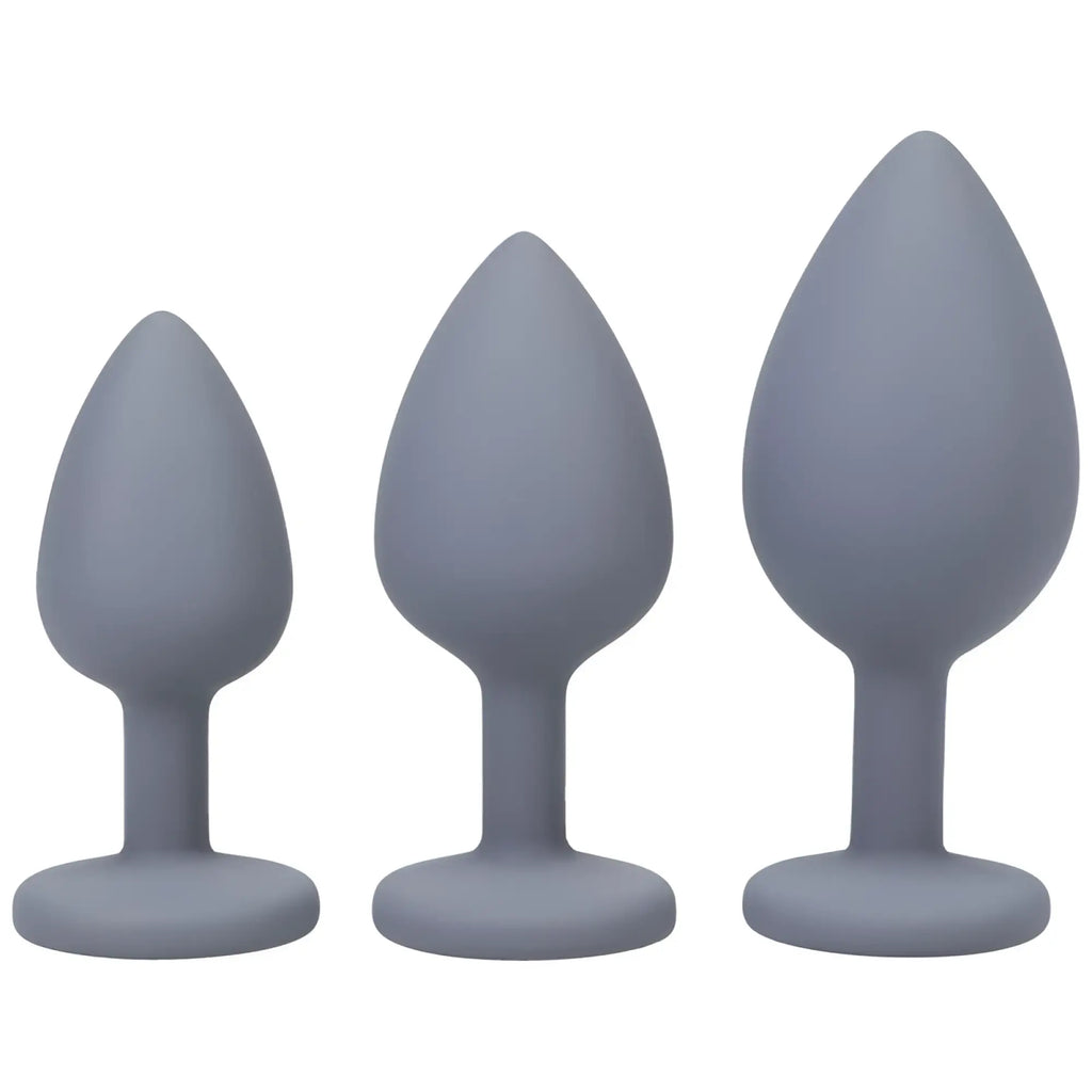 Set of three gray silicone anal trainer butt plugs in varying sizes from a-play silicone anal trainer set 3 pc grey