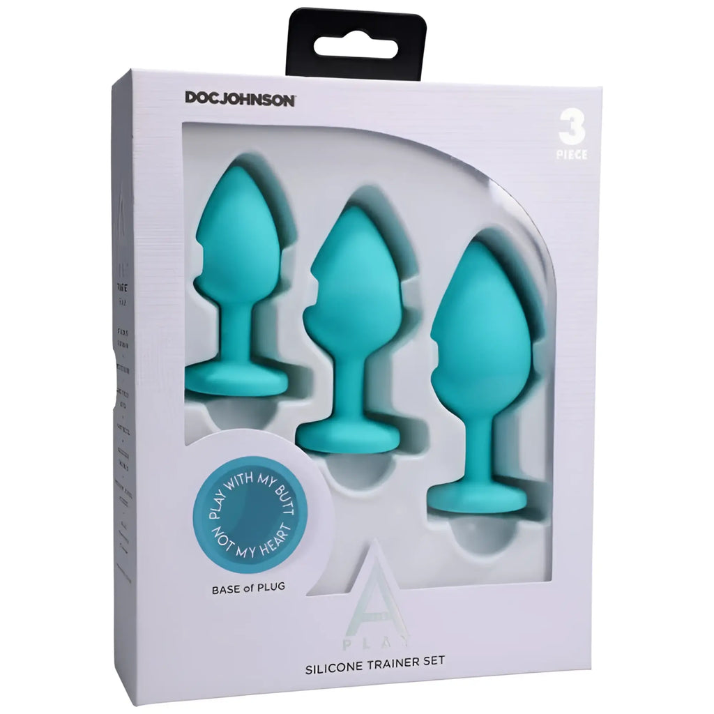 Teal silicone anal trainer set 3 pc by doc johnson in white packaging showing smooth curved plugs for beginner use