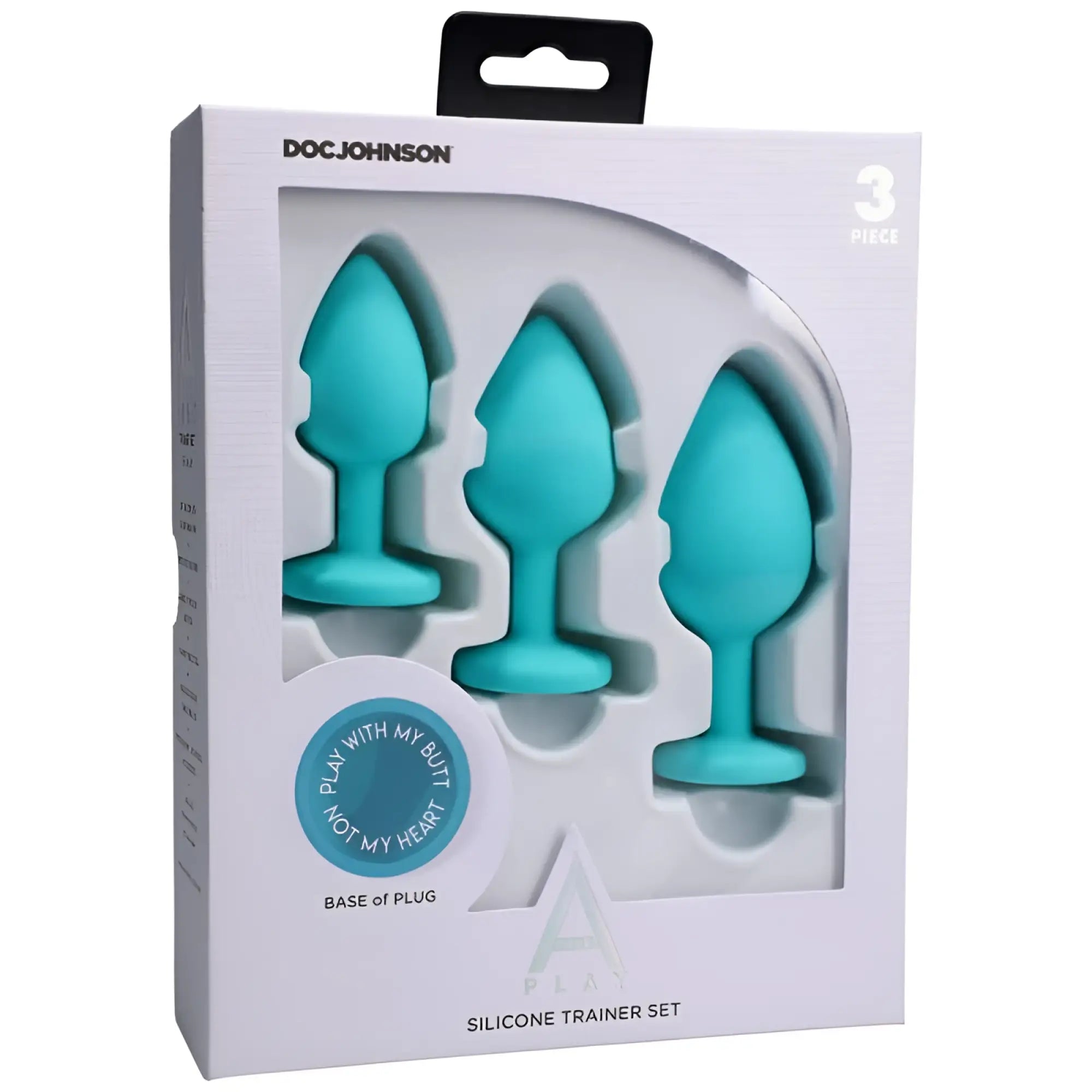 Teal silicone anal trainer set 3 pc by doc johnson in white packaging showing smooth curved plugs for beginner use