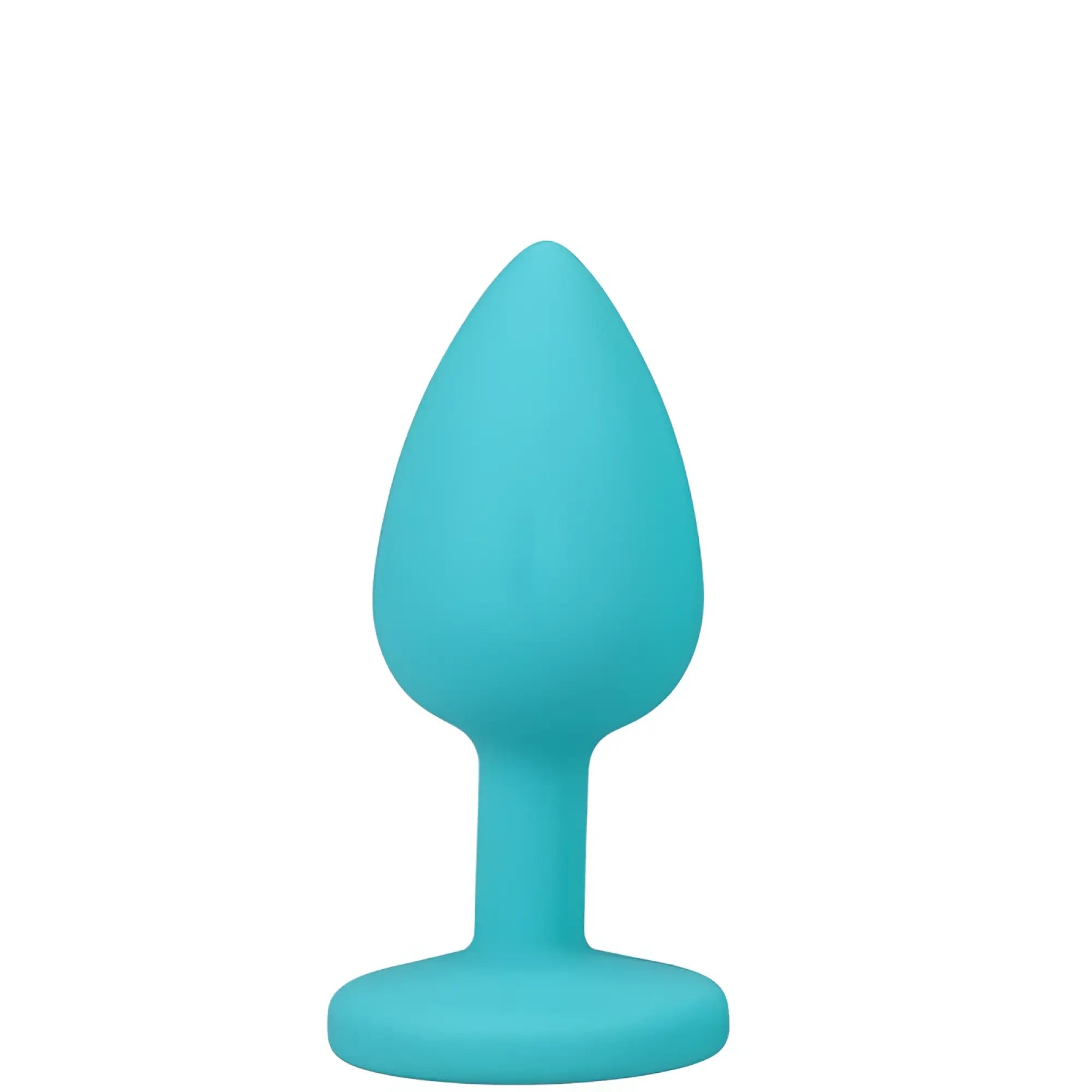 A sleek solid teal silicone butt plug with a smooth teardrop head and rounded base from a-play anal trainer set
