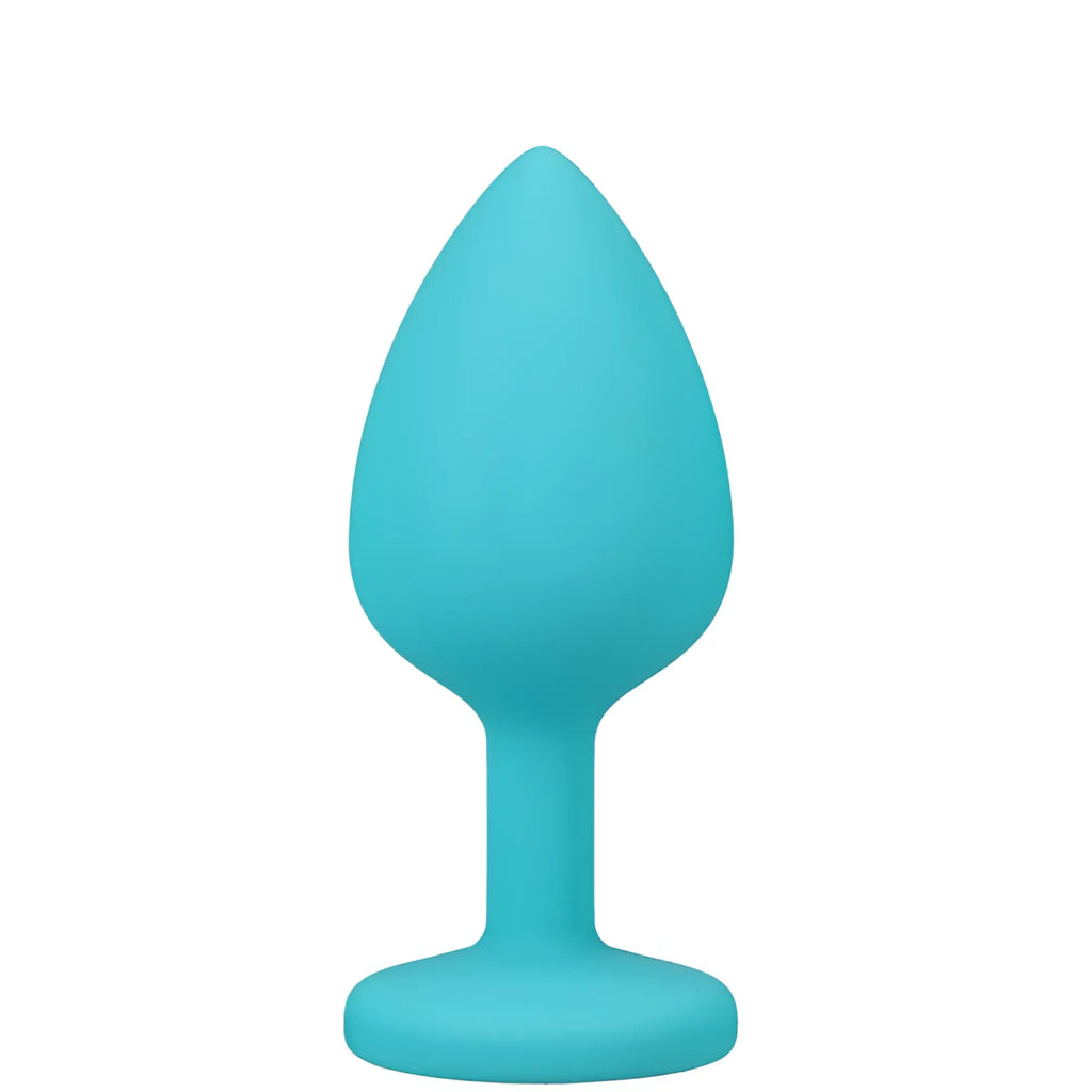 A sleek solid teal silicone butt plug with a smooth teardrop head and rounded base from A-Play anal trainer set