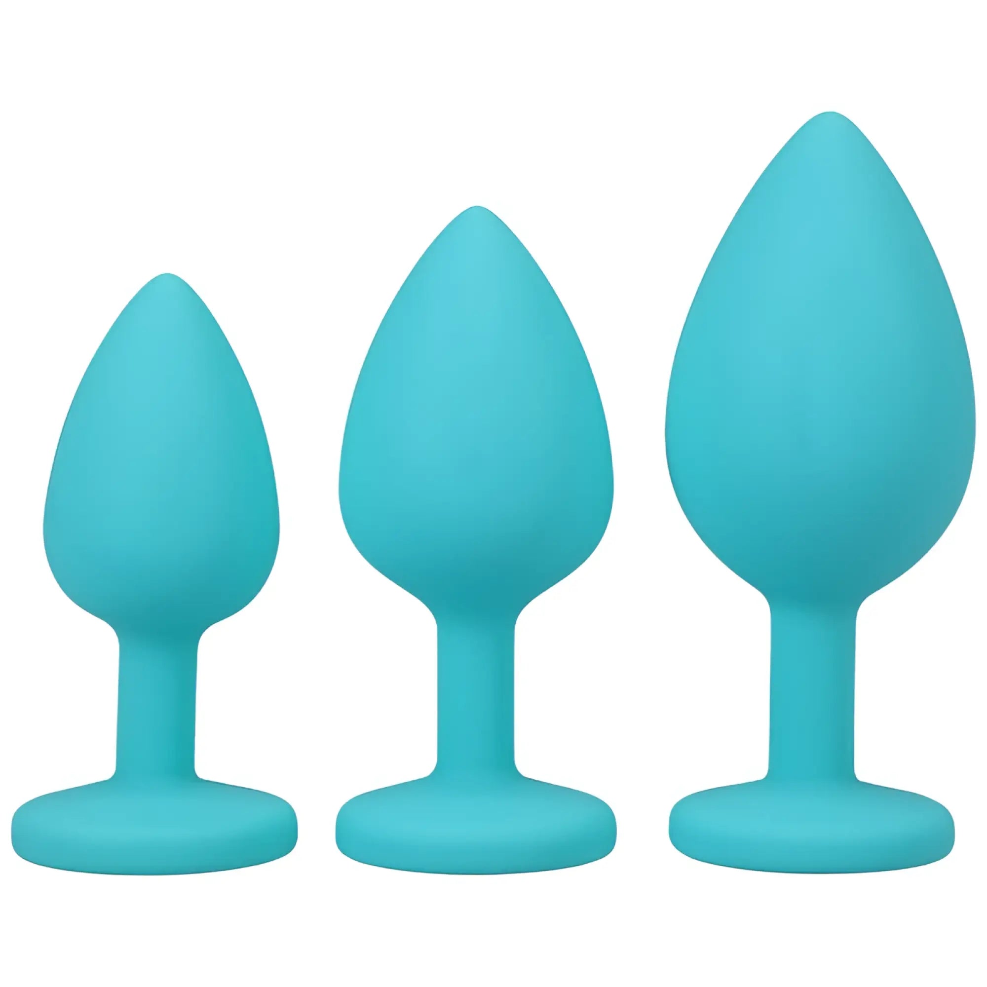 Set of three teal silicone butt plugs in varying sizes from smallest to largest for anal training