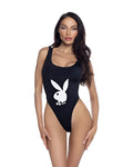 Black Playboy swim high-leg one-piece swimsuit featuring the iconic bunny head logo for stylish beachwear