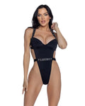 Black playboy high-leg one-piece swimsuit with rhinestone logo and branded straps and waistband