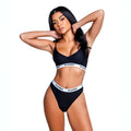 Black playboy lingerie two-piece set with white elastic bands featuring bold brand name in large extra large size