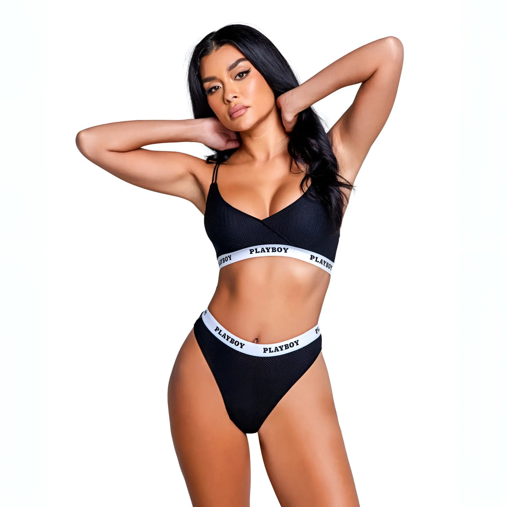 Black playboy lingerie two-piece set with white elastic bands featuring bold brand name in large extra large size