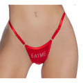 Red satin crotchless thong with gold hardware and eatme rhinestone detail from Playboy lingerie in red one size