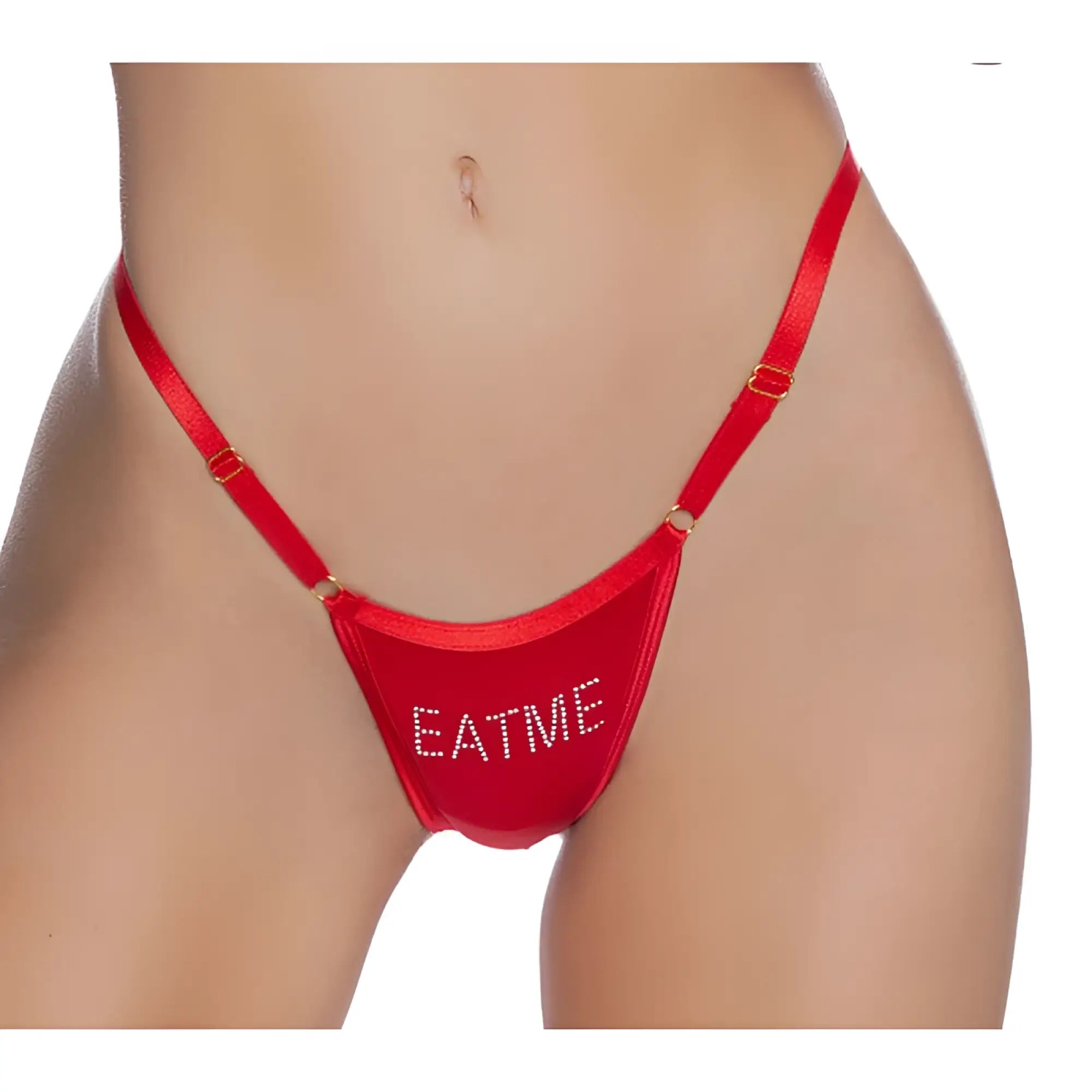 Red satin crotchless thong with gold hardware and eatme rhinestone detail from Playboy lingerie in red one size