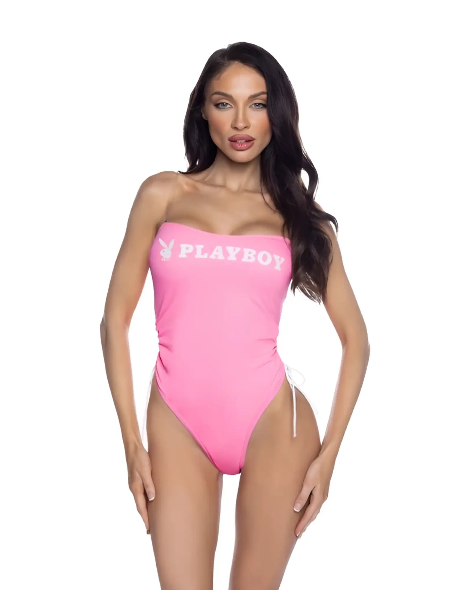 A vibrant pink strapless one-piece swimsuit with ruched side ties and white Playboy logo across the chest