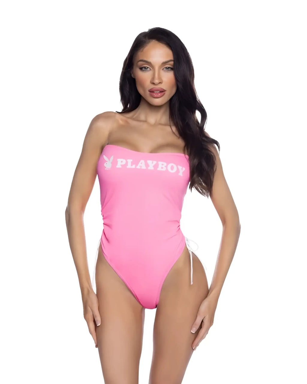 A vibrant pink strapless one-piece Playboy swimsuit with ruched side ties and white logo across the chest