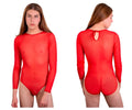 Red sheer long-sleeved PLURAL PL001 bodysuit with back tie and textured paneling shown from the back side