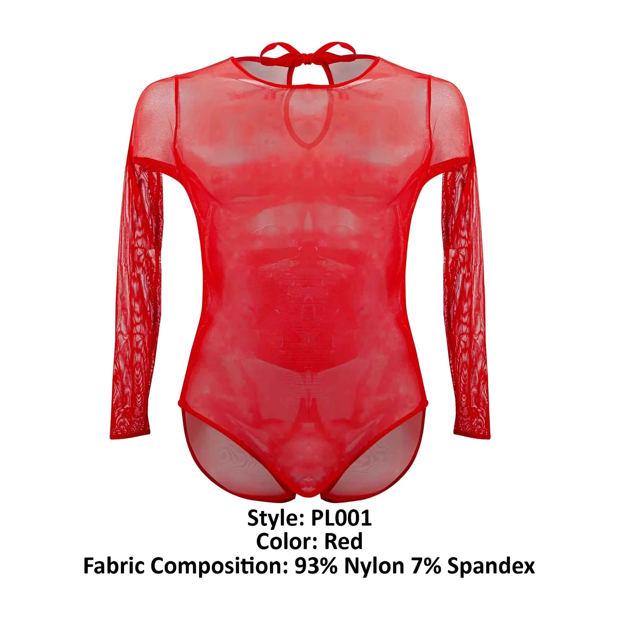 Red sheer long-sleeved PLURAL PL001 bodysuit with mesh fabric and back tie shown from the back side